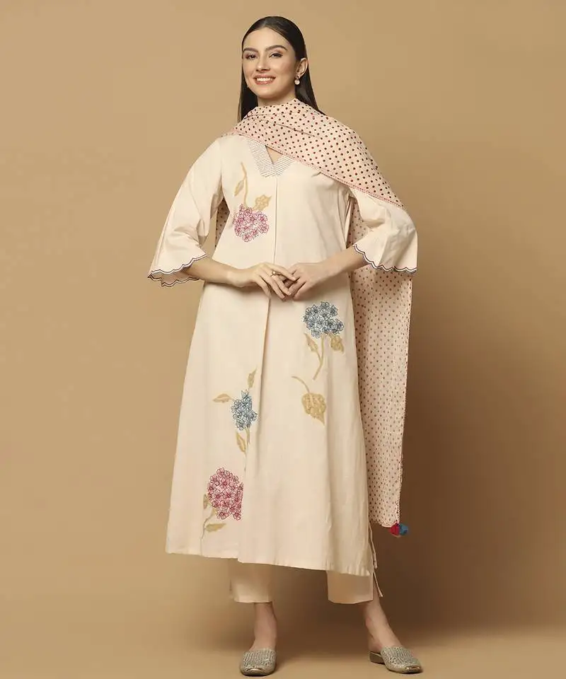 Peach cotton floral embroidered kurta-set