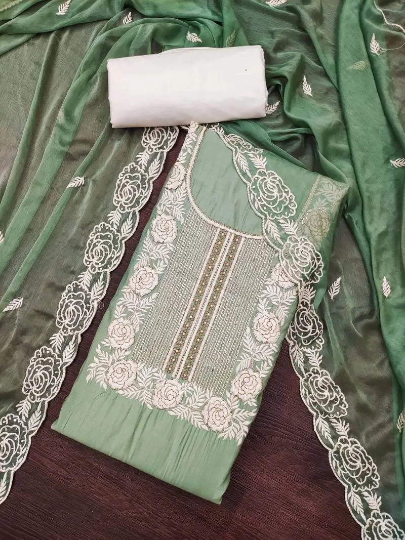 Women's pista premium roman cotton embroidered handwork unstitched dress material