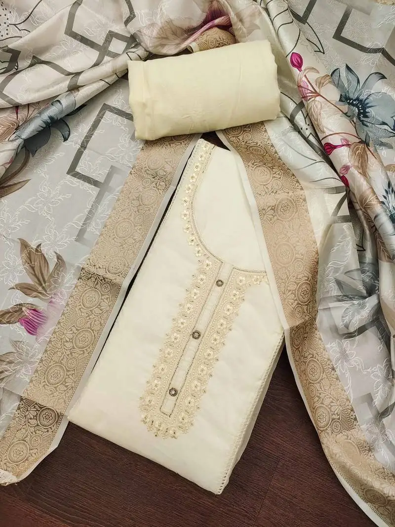 Women's cream organza embroidered handwork unstitched dress material