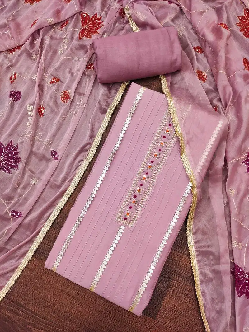 Women's mauve premium roman cotton embroidered unstitched dress material