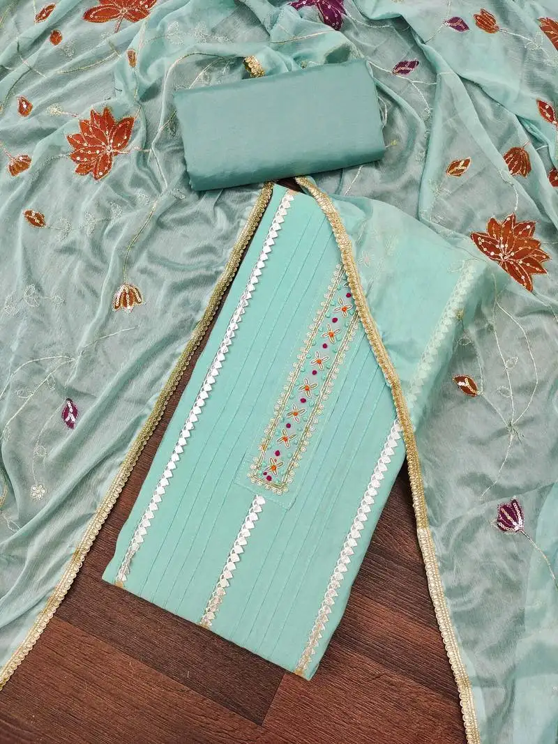 Women's sky blue premium roman cotton embroidered unstitched dress material