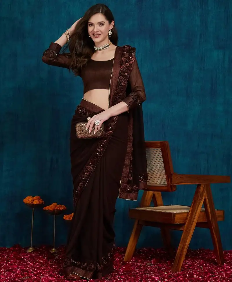 Brown designer ribbon work georgette saree with blouse