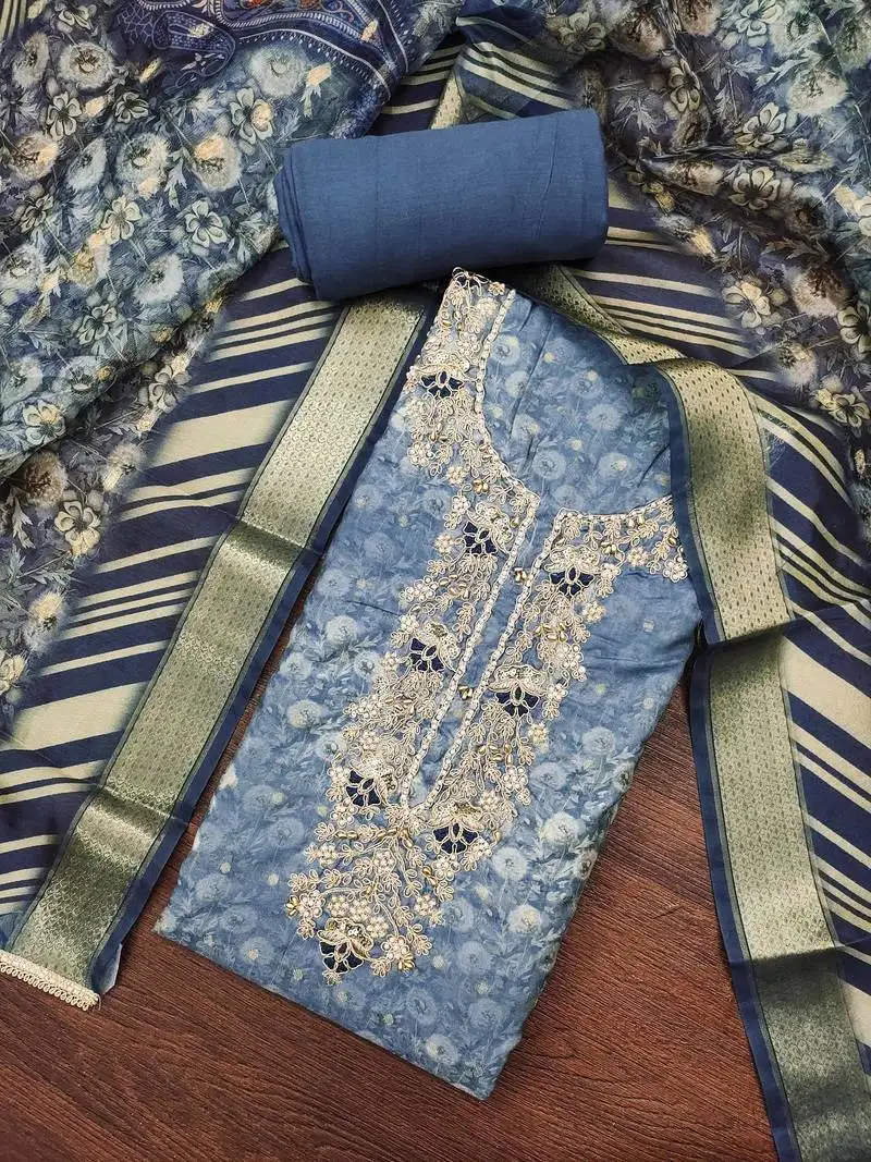 Women's blue banarasi cotton digital print & hand work unstitched dress material