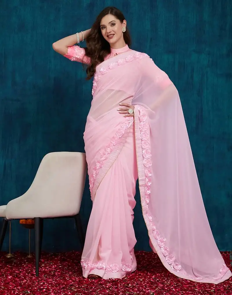 Pink designer ribbon work georgette saree with blouse