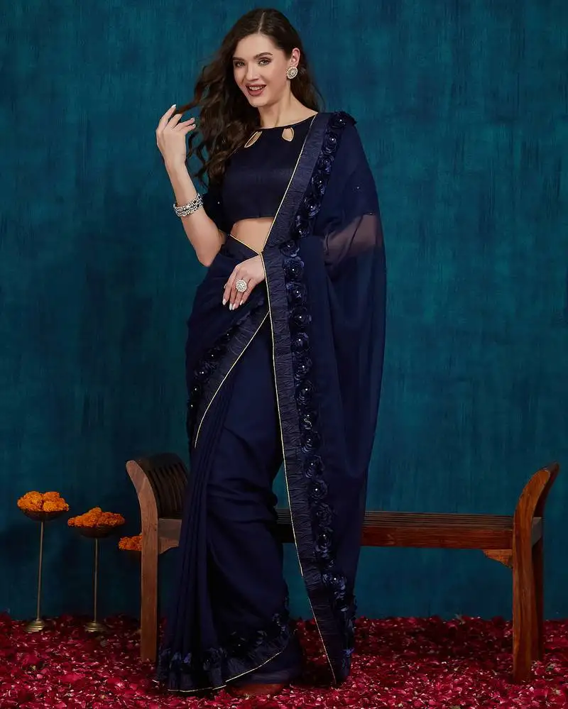 Navy blue designer ribbon work georgette saree with blouse