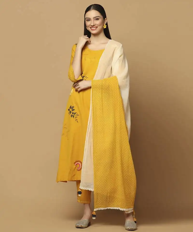 Mustard floral embroidered cotton kurta-set