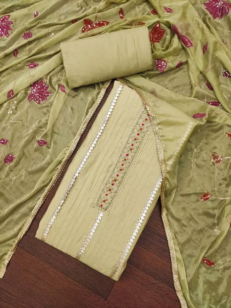 Women's olive premium roman cotton embroidered unstitched dress material