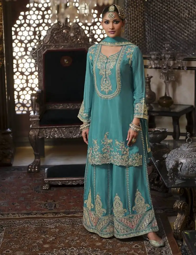 Gunja peacock dark teal embroidered chinon kurta sets