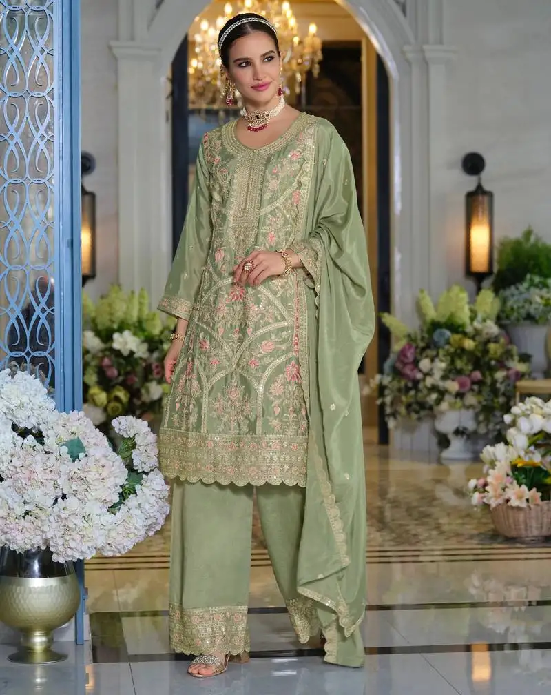 Farz pista green embroidered chinon kurta sets