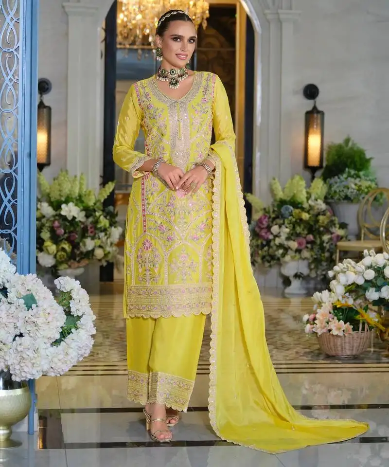 Farz sunshine light yellow embroidered chinon kurta sets