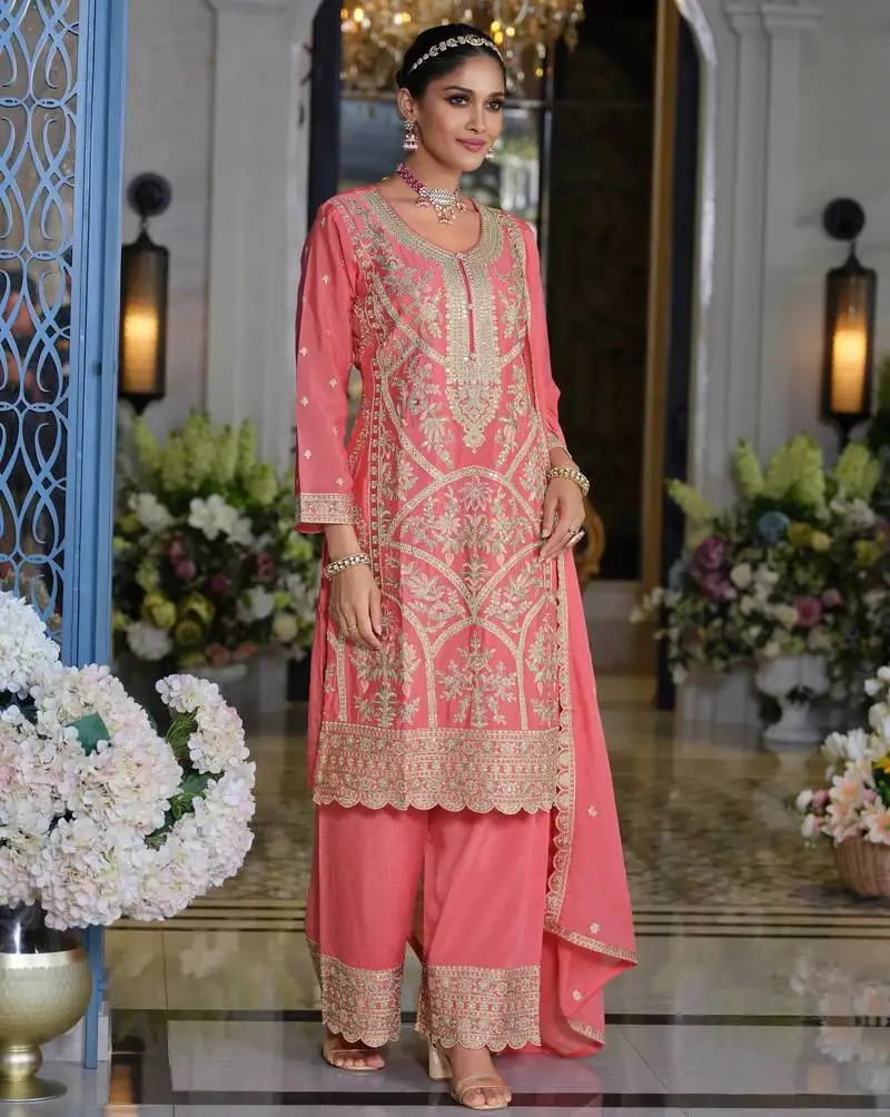 Farz rose pink embroidered chinon kurta sets