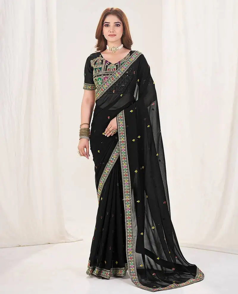 Black embroidered georgette saree with unstiched blouse