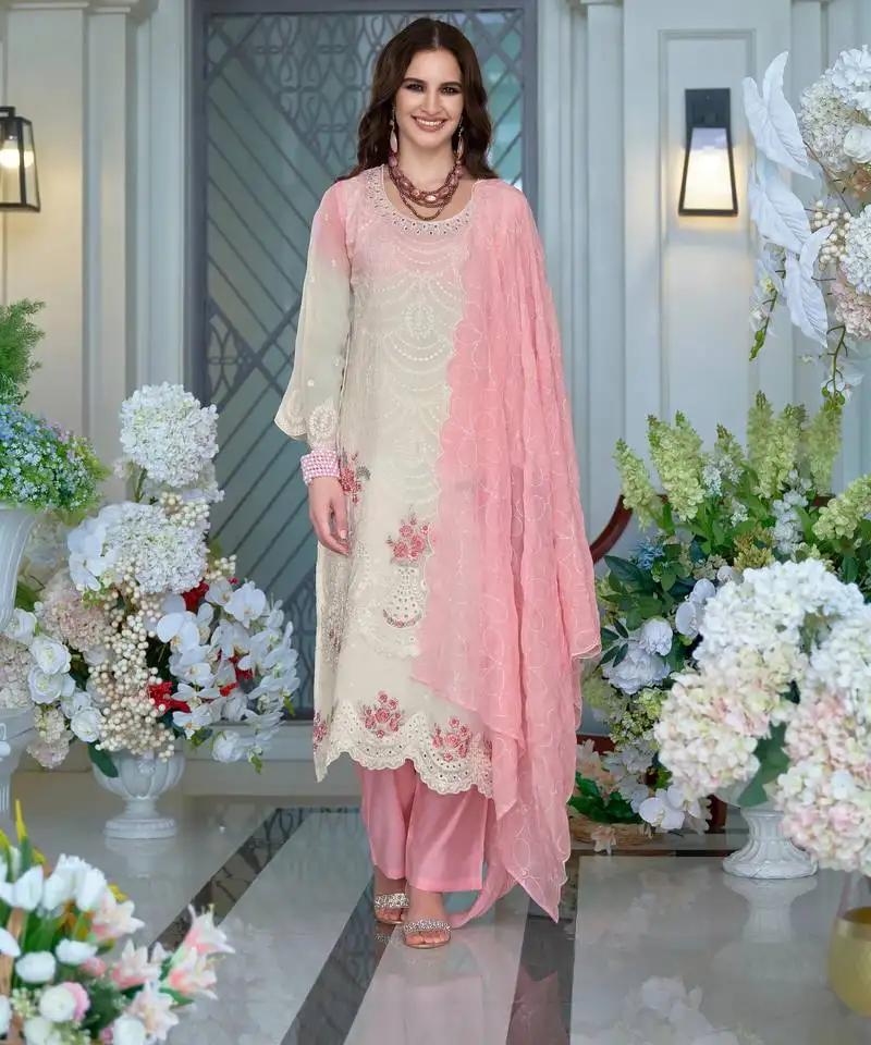 Kaynat soft pink embroidered blended kurta sets