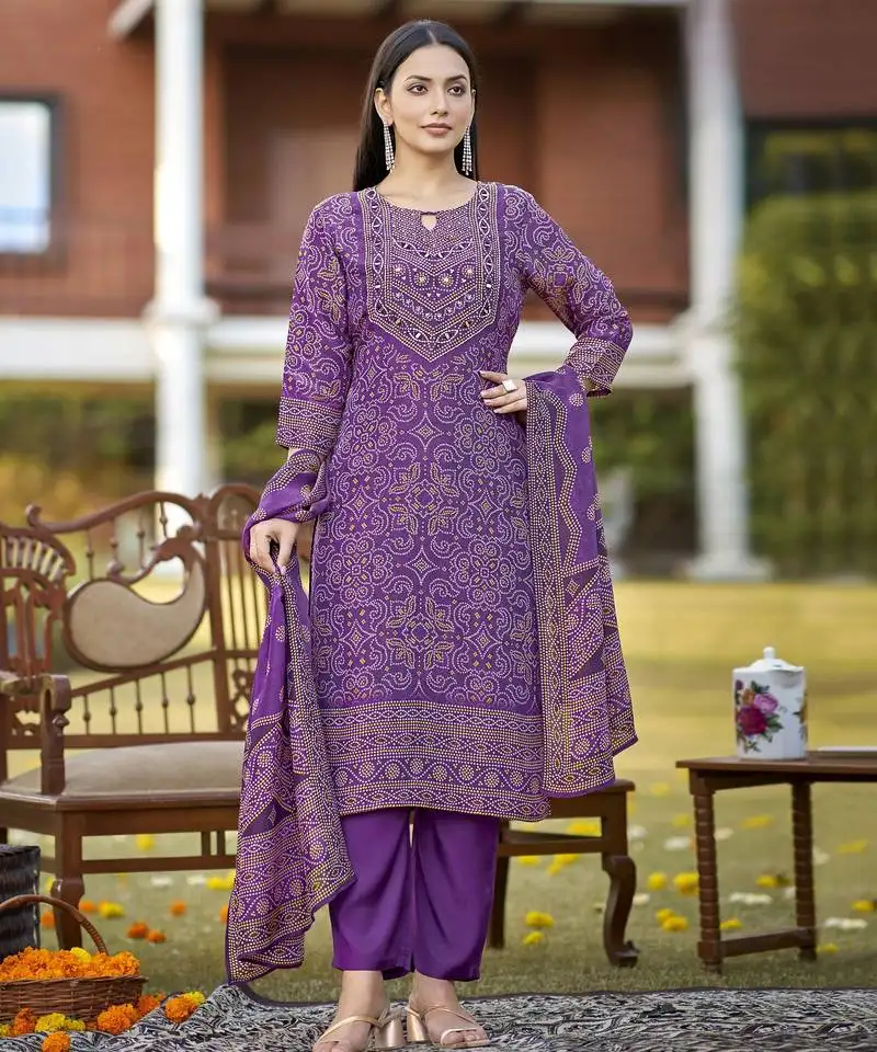 Malti grape light purple embroidered blended kurta sets