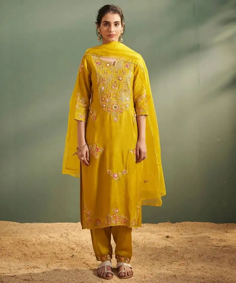 Ira amber light yellow embroidered art silk kurta sets