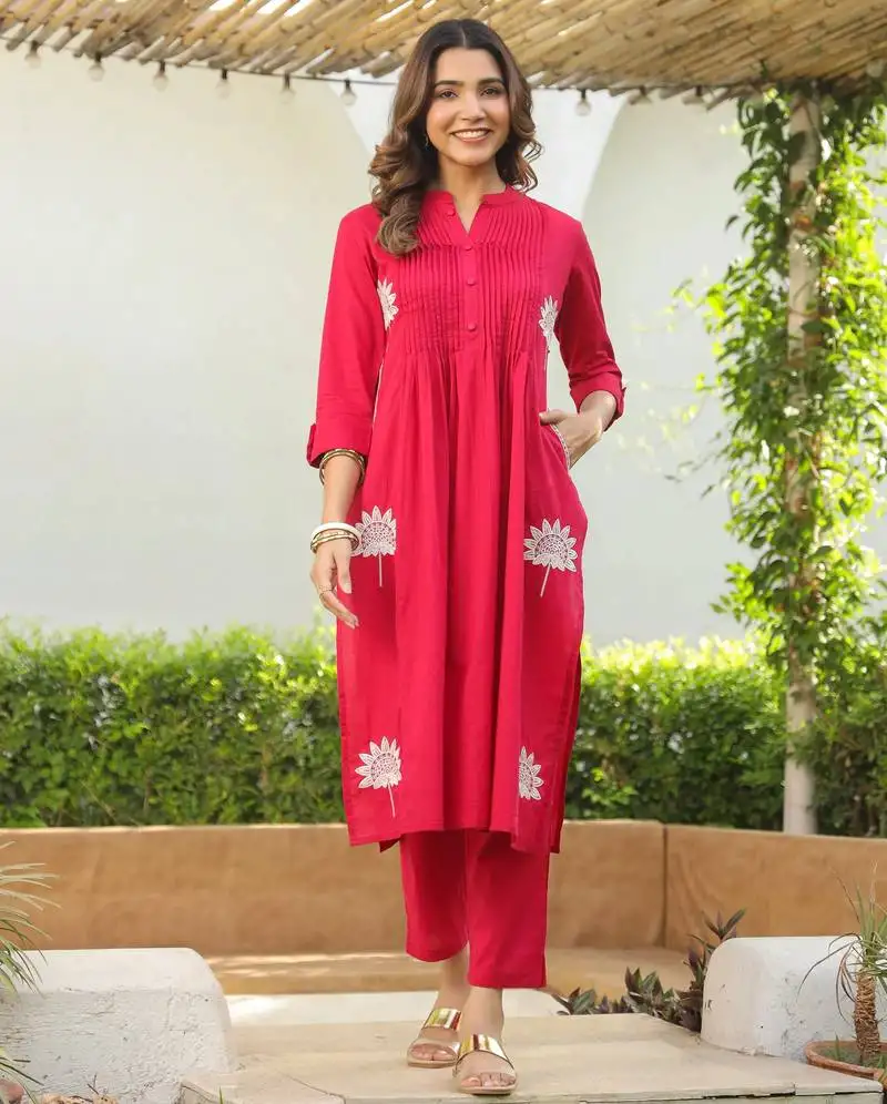 Nabha rose red embroidered cotton kurta sets