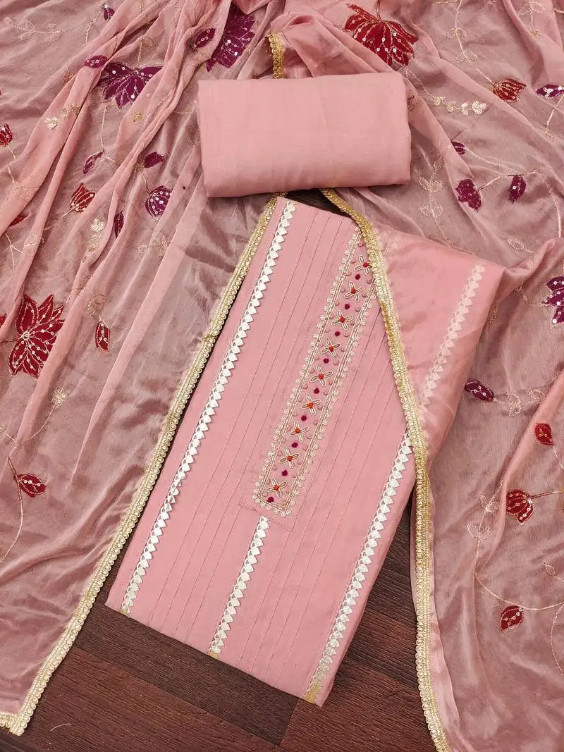 Women's peach premium roman cotton embroidered unstitched dress material