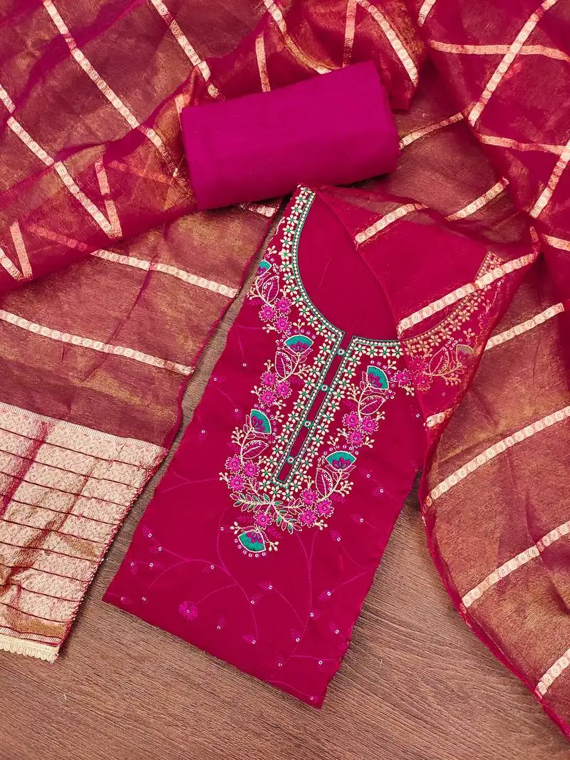 Women's magenta silk embroidered unstitched dress material