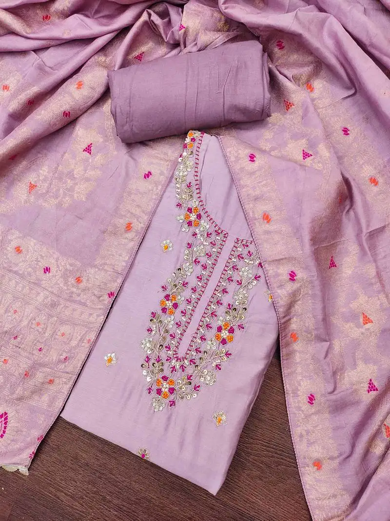 Women's lavender jam cotton embroidered handwork unstitched dress material