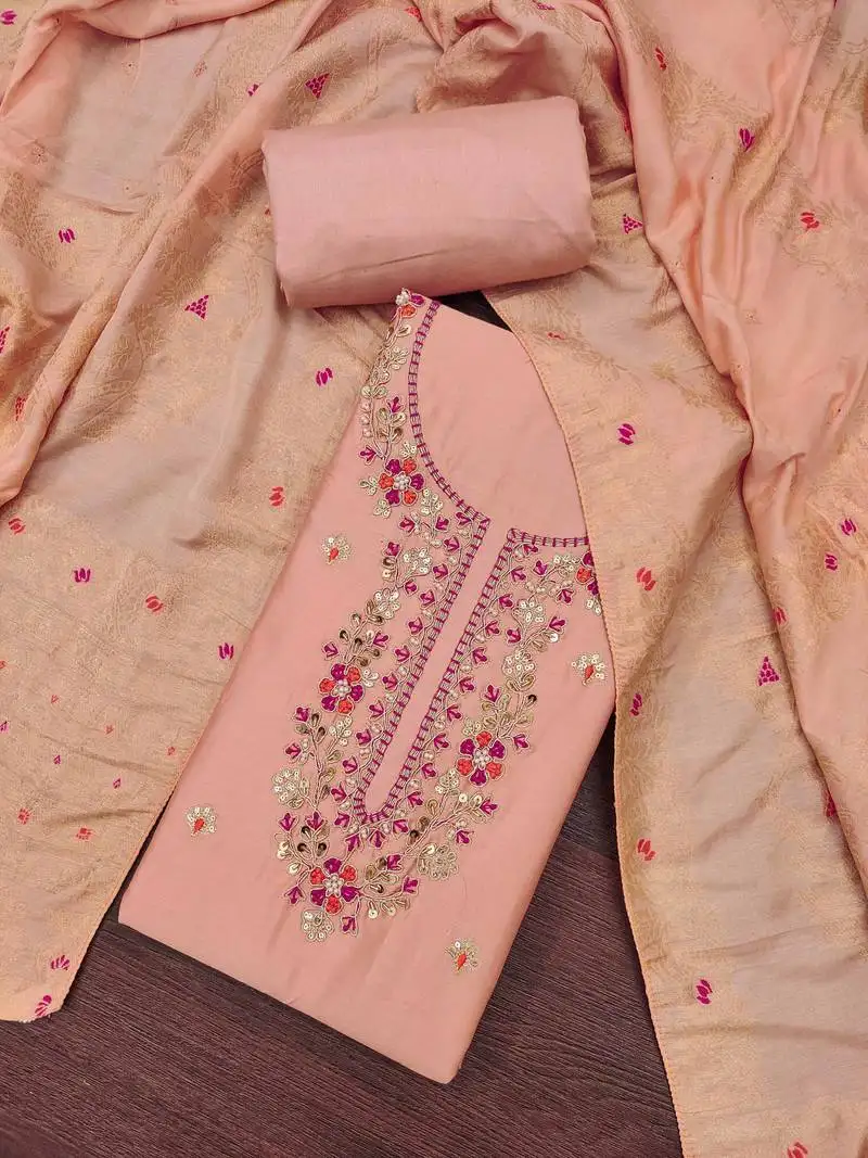 Women's peach jam cotton embroidered handwork unstitched dress material