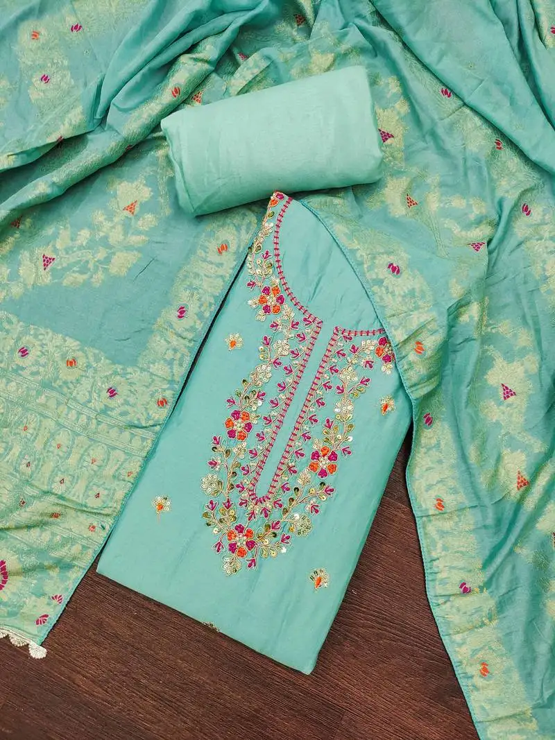 Women's turquoise jam cotton embroidered handwork unstitched dress material