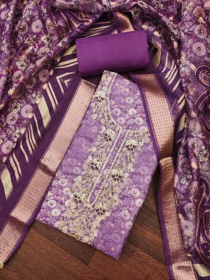 Women's purple banarasi cotton digital print & hand work unstitched dress material