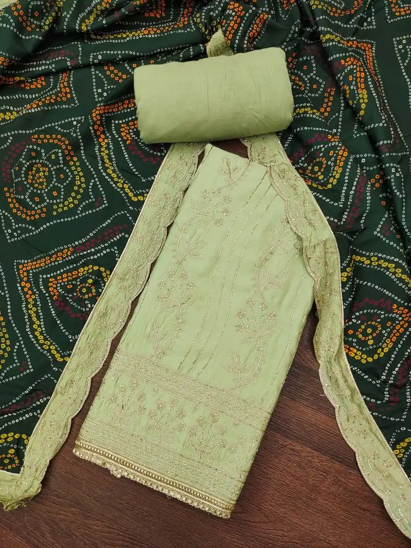 Women's mint premium roman cotton embroidered handwork unstitched dress material