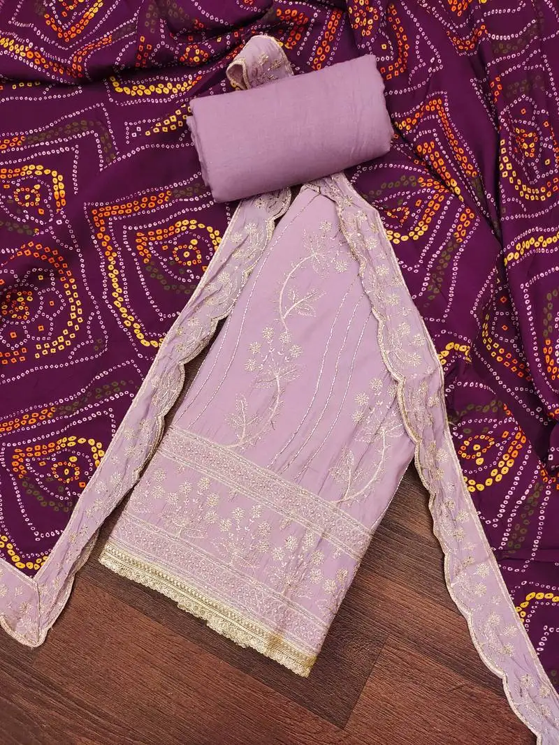 Women's lavender premium roman cotton embroidered handwork unstitched dress material