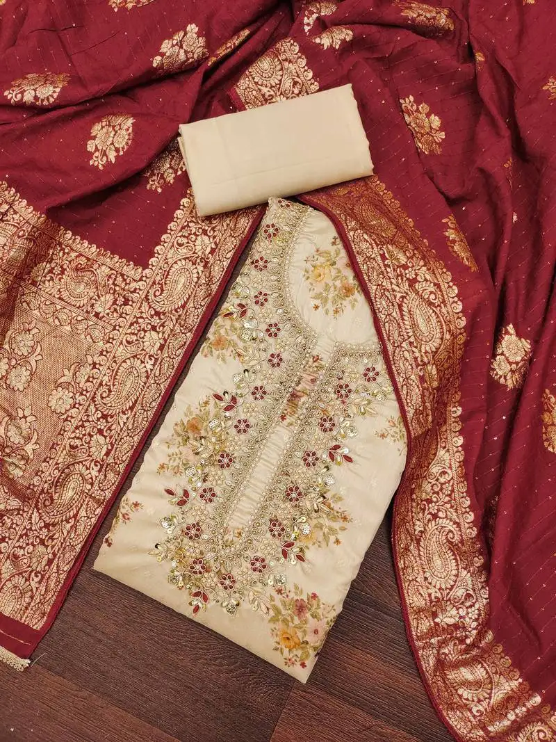 Women's beige chanderi embroidered handwork unstitched dress material