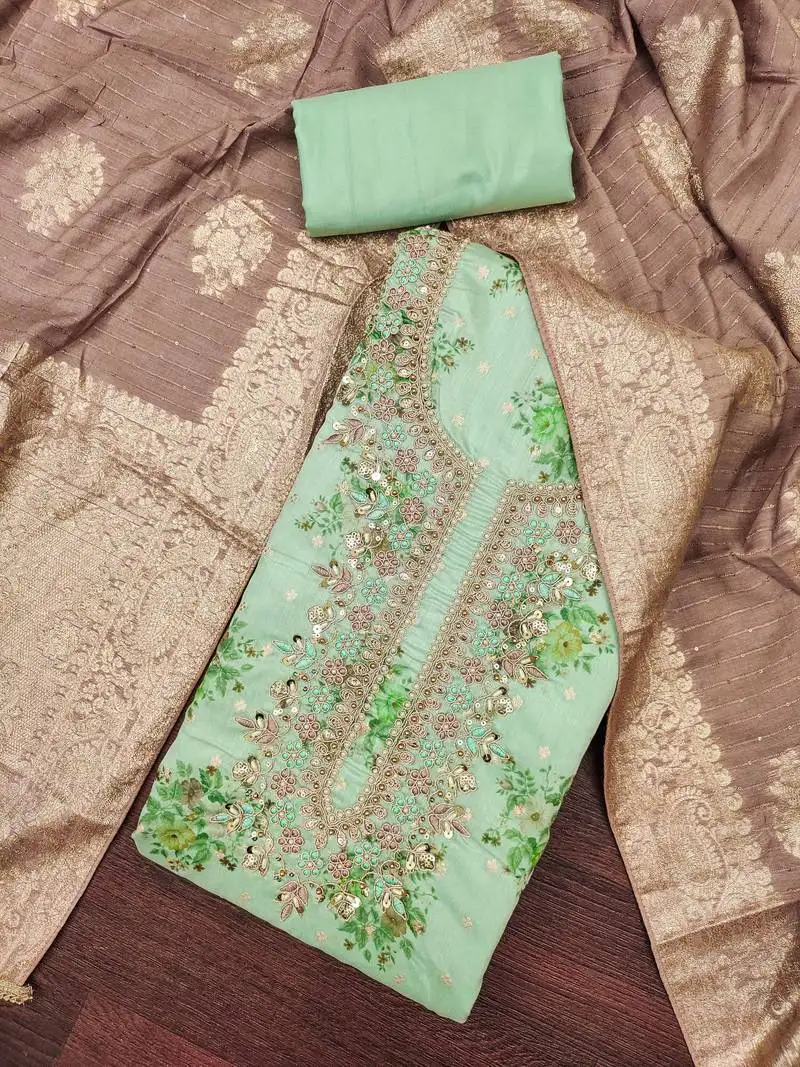 Women's mint chanderi embroidered handwork unstitched dress material