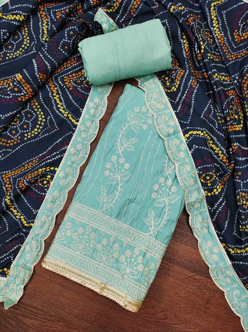 Women's sky blue premium roman cotton embroidered handwork unstitched dress material