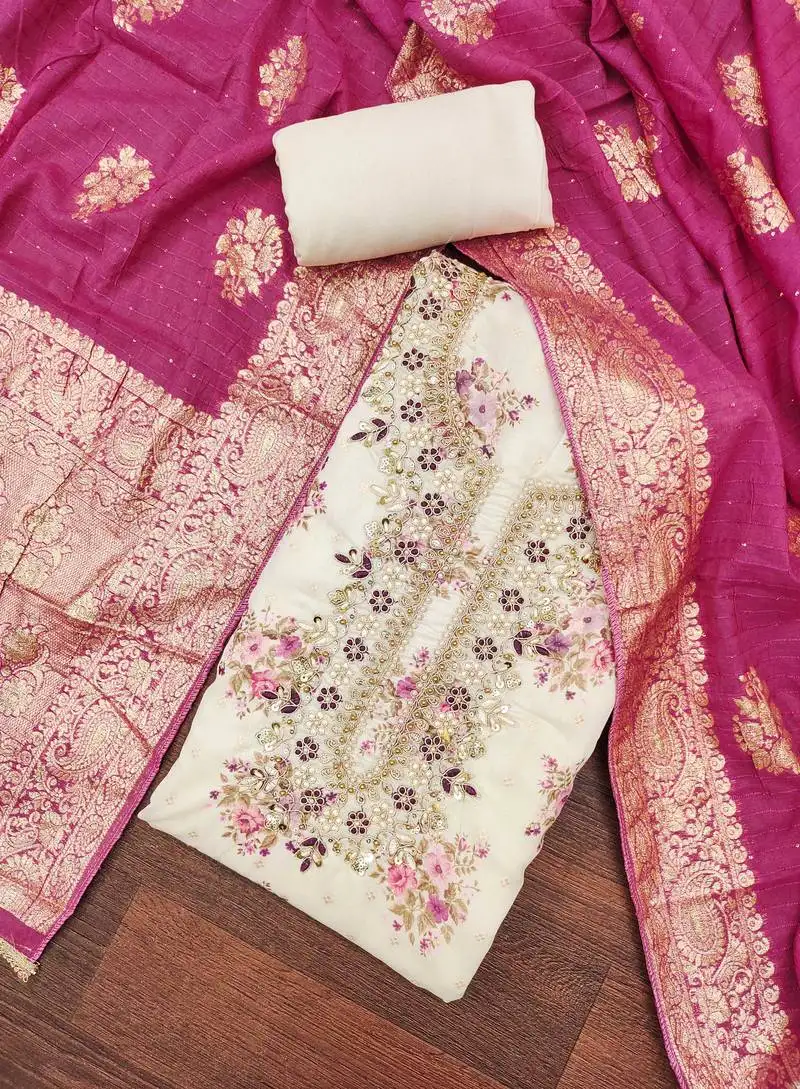 Women's cream chanderi embroidered handwork unstitched dress material