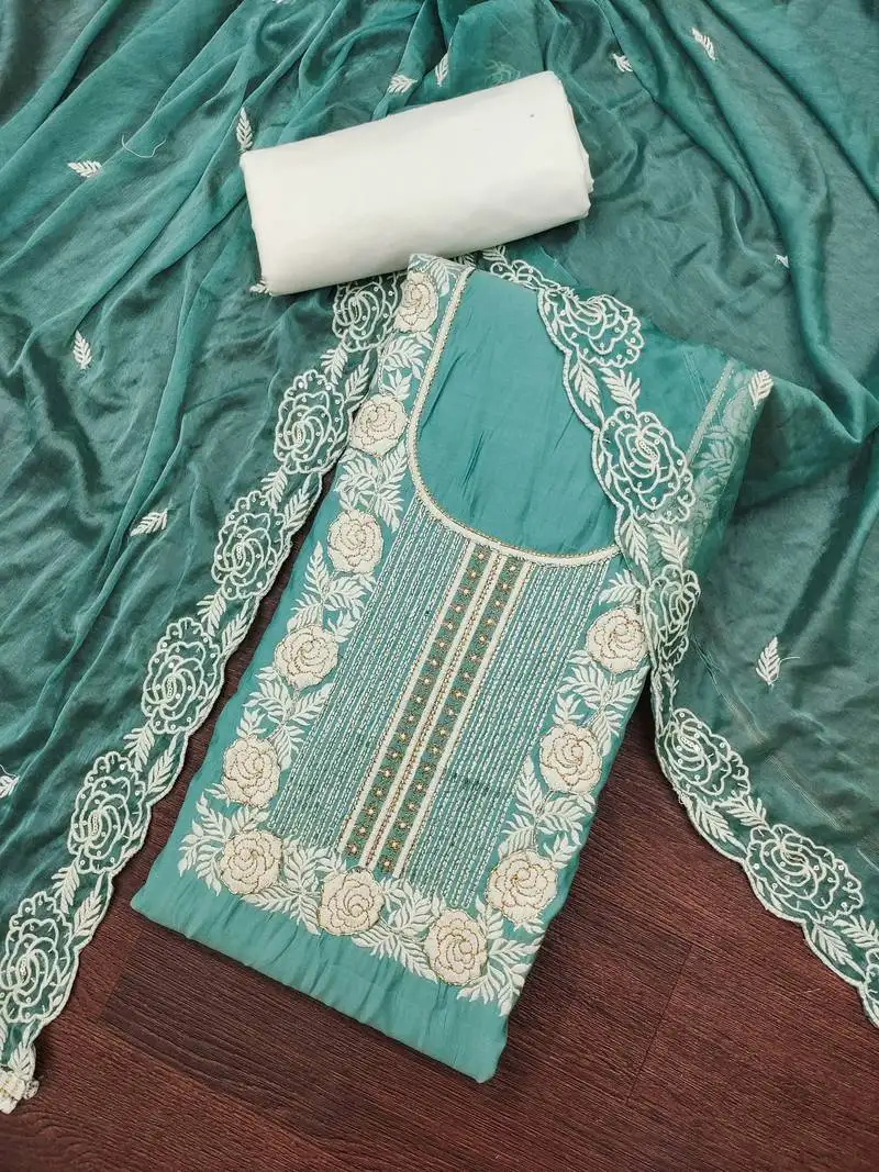 Women's sea green premium roman cotton embroidered handwork unstitched dress material