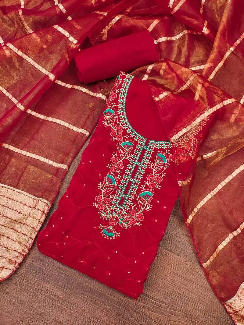 Women's red silk embroidered unstitched dress material