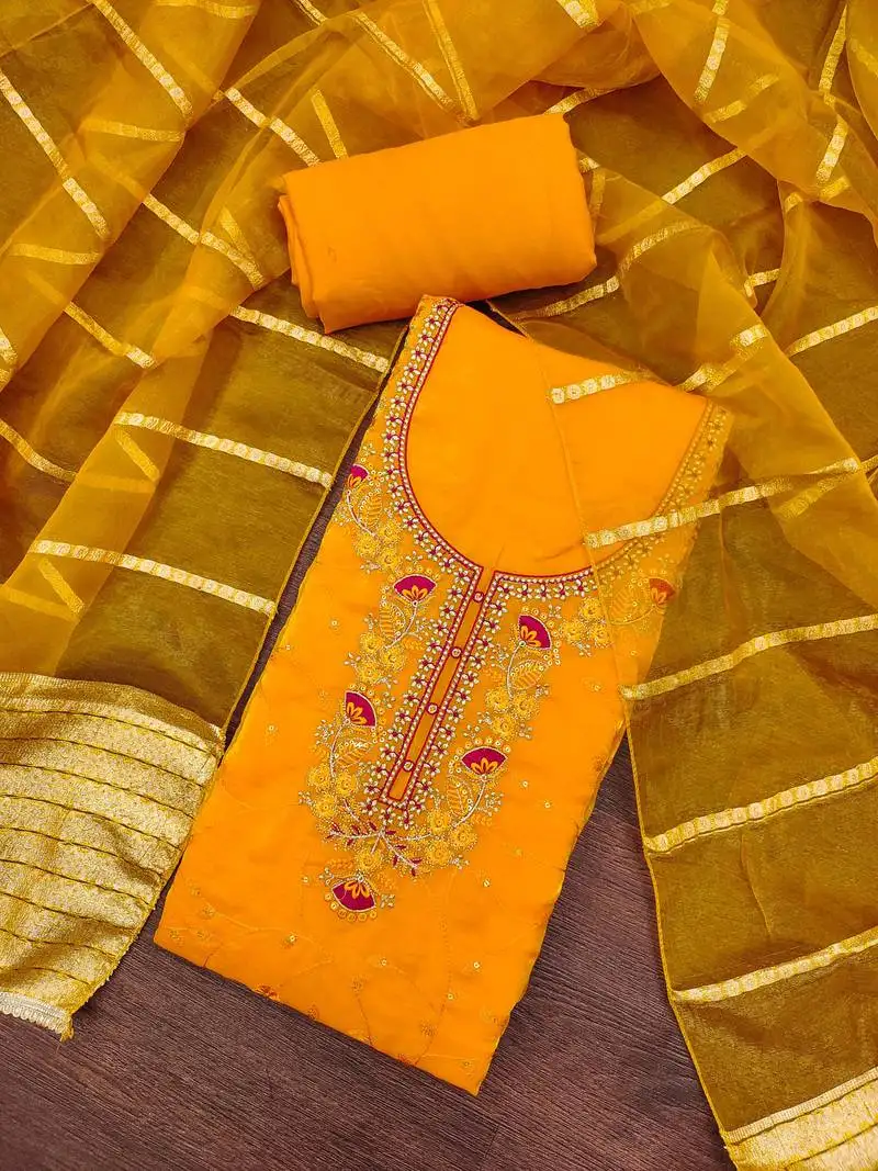 Women's yellow silk embroidered unstitched dress material