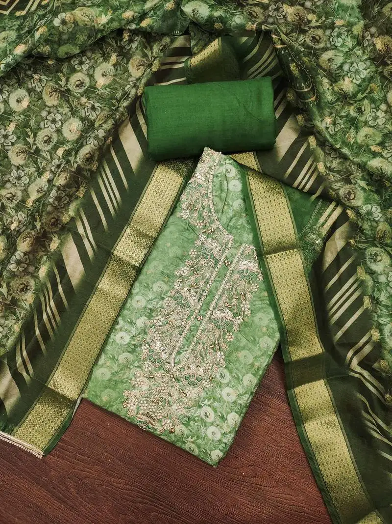 Women's green banarasi cotton digital print & hand work unstitched dress material