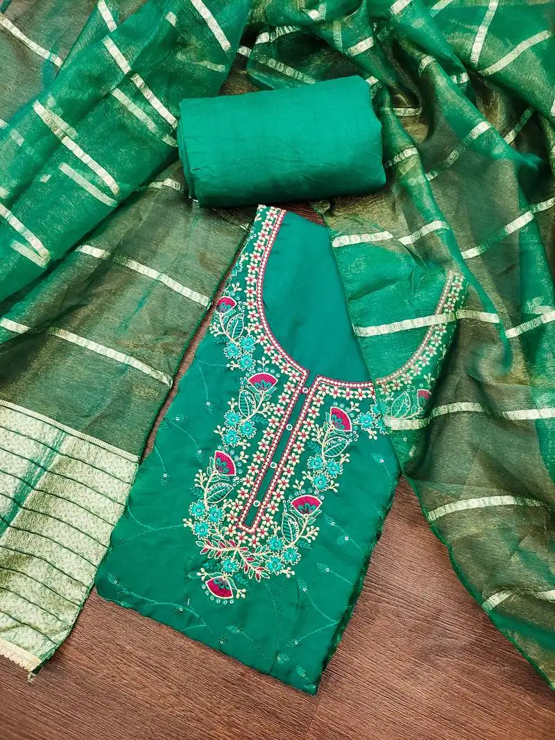 Women's green silk embroidered unstitched dress material