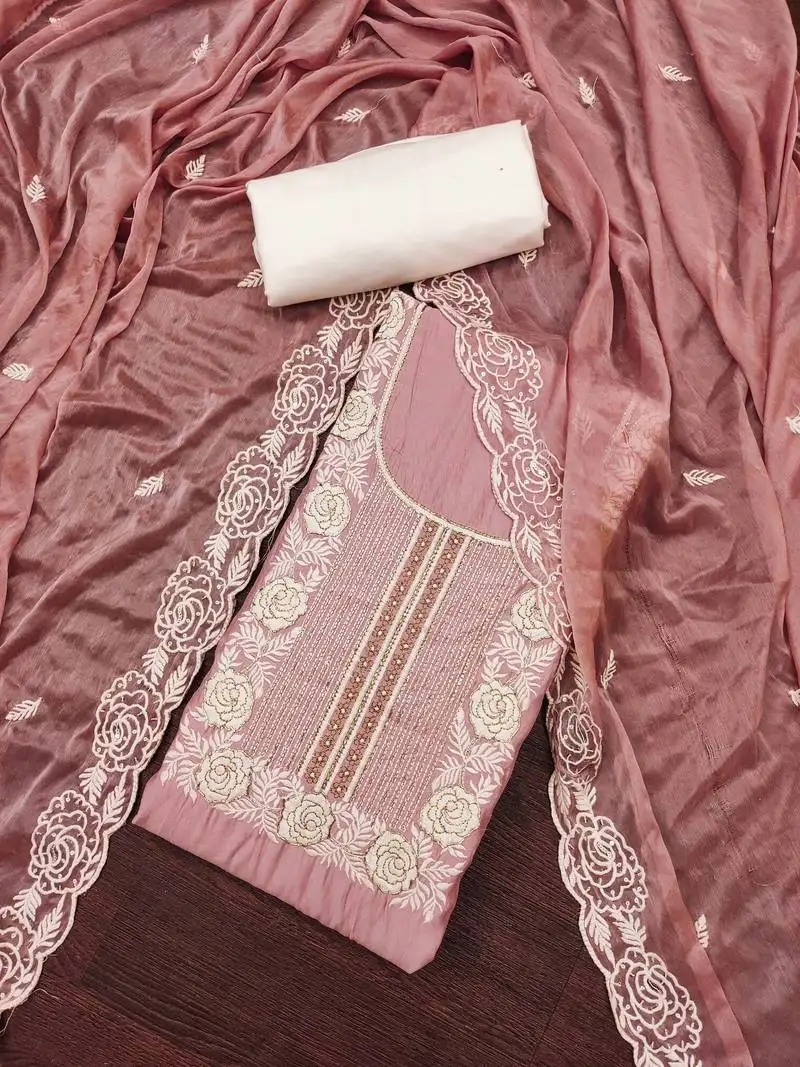 Women's mauve premium roman cotton embroidered handwork unstitched dress material