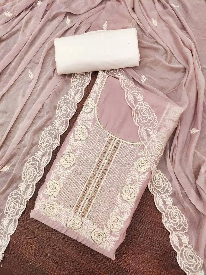 Women's onion premium roman cotton embroidered handwork unstitched dress material