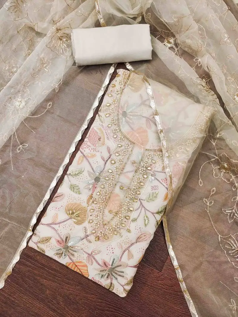 Women's cream viscose organza handwork unstitched dress material