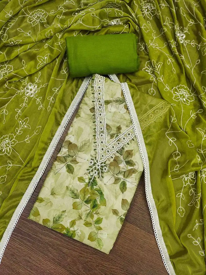 Women's parrot green banarasi cotton print handwork unstitched dress material