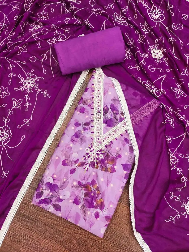 Women's purple banarasi cotton print handwork unstitched dress material