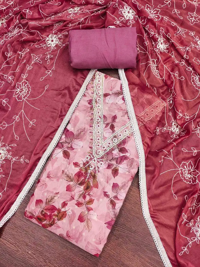 Women's onion banarasi cotton print handwork unstitched dress material