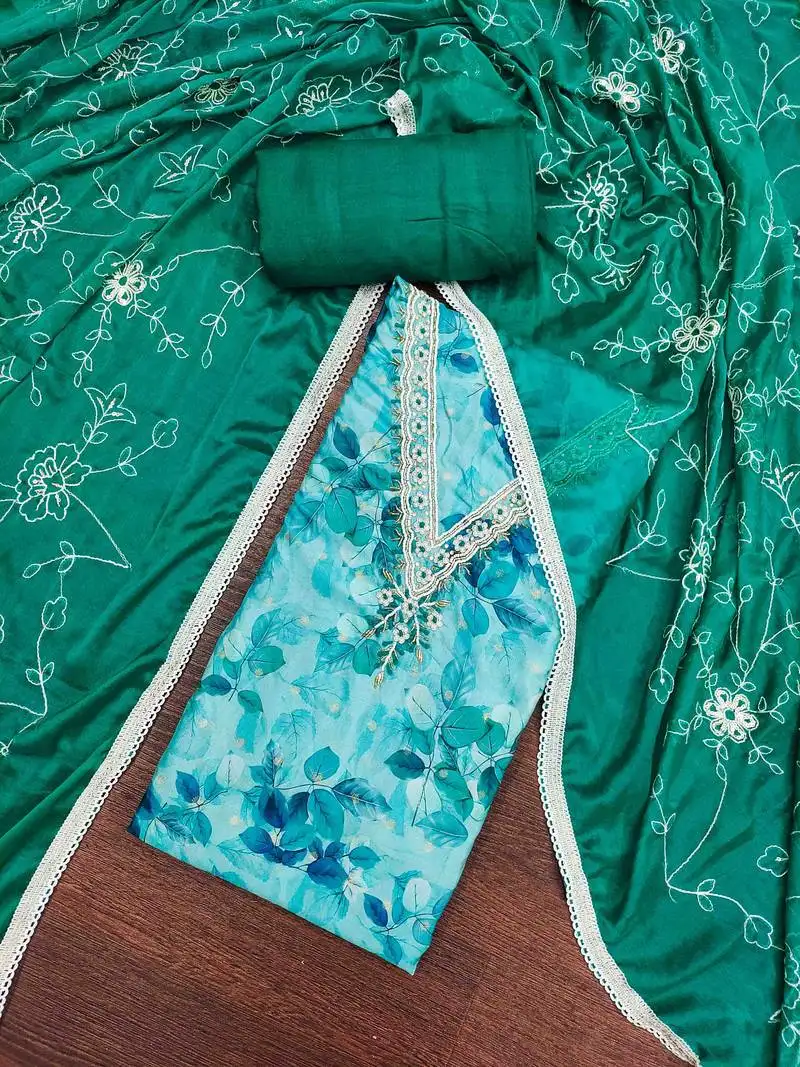 Women's turquoise banarasi cotton print handwork unstitched dress material