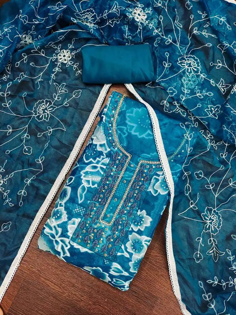 Women's teal organza print handwork unstitched dress material