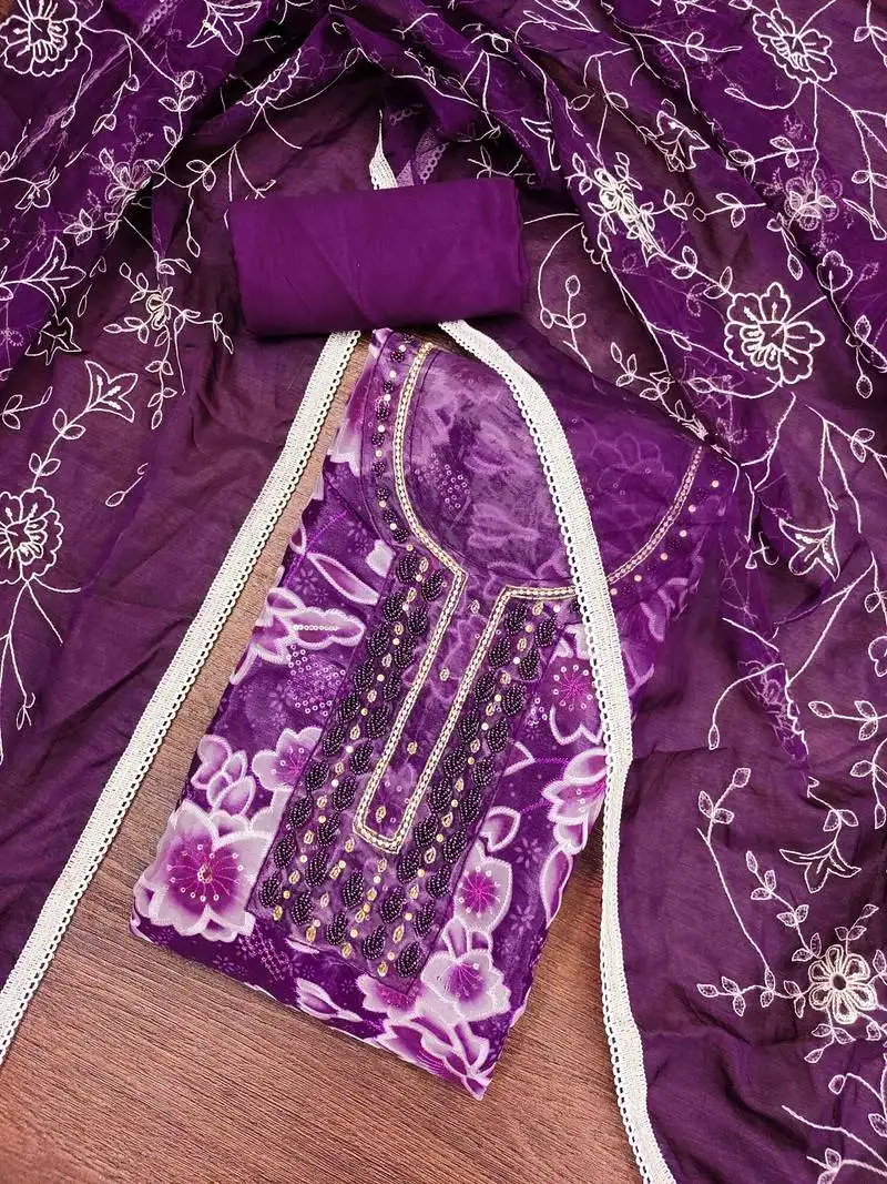 Women's purple organza print handwork unstitched dress material