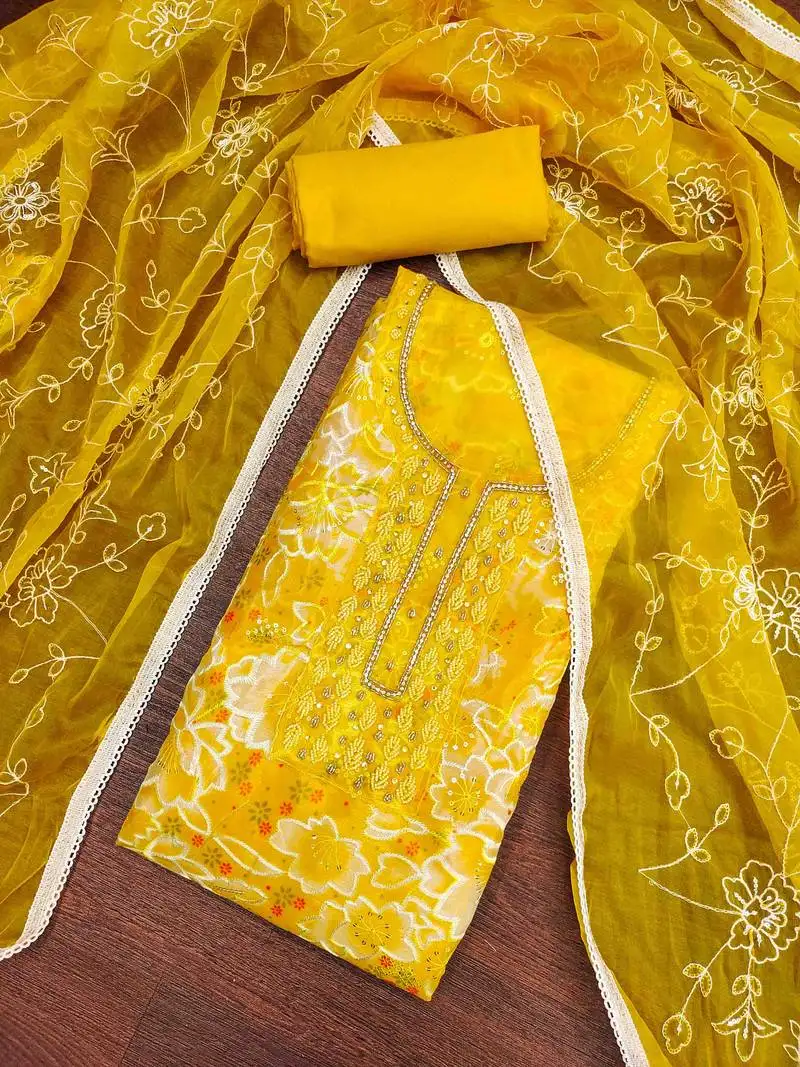 Women's yellow organza print handwork unstitched dress material