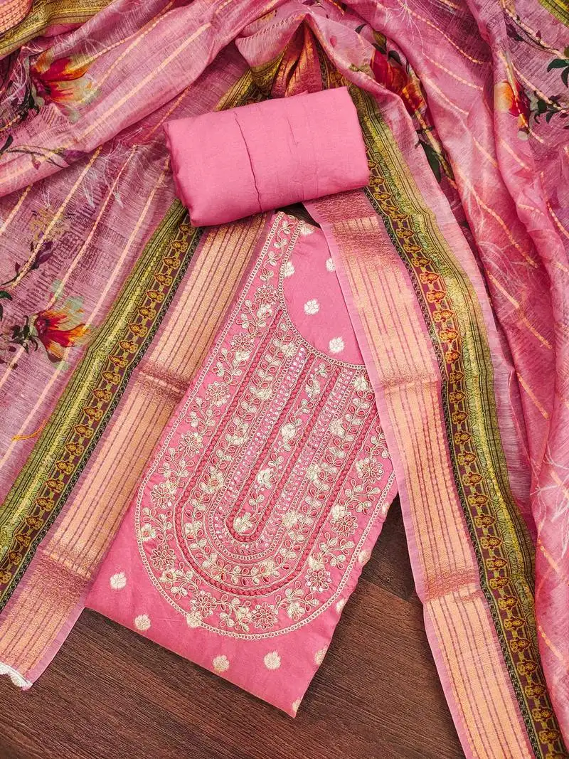 Women's pink banarasi embroidered unstitched dress material