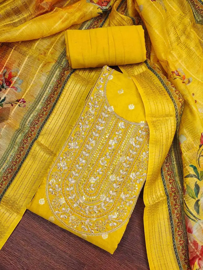 Women's yellow banarasi embroidered unstitched dress material