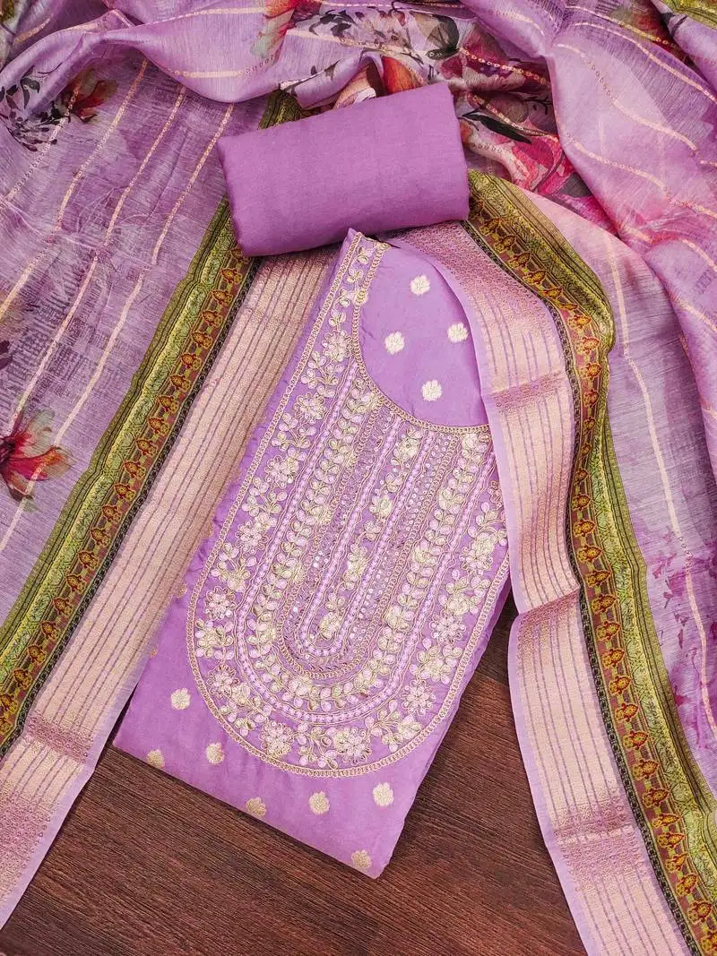 Women's lavender banarasi embroidered unstitched dress material